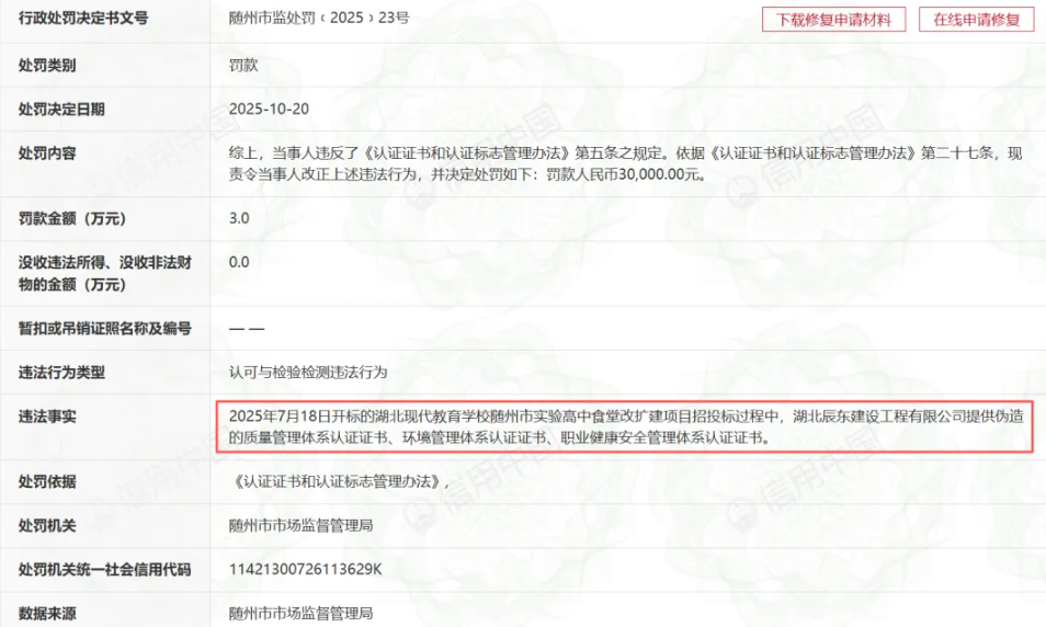 伪造认证证书谋取中标，一企业被罚3万元